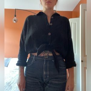 Free People Relaxed Black Waffle Button Up. US L